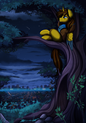 Size: 2950x4209 | Tagged: safe, artist:pridark, oc, oc only, alicorn, pony, alicorn oc, city, commission, grass, high res, horn, male, relaxing, scenery, scenery porn, smiling, solo, tree, wings