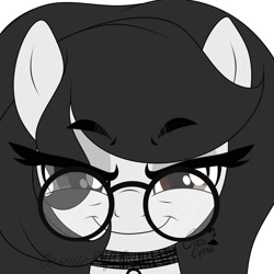 Size: 2000x2000 | Tagged: safe, artist:cosmiceuphoria, oc, oc only, oc:cosmic euphoria, earth pony, pony, black and white, glasses, grayscale, high res, monochrome, simple background, solo, white background