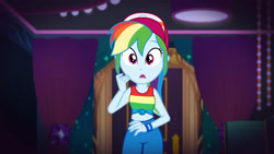 Size: 3410x1920 | Tagged: safe, screencap, rainbow dash, equestria girls, equestria girls specials, g4, my little pony equestria girls: better together, my little pony equestria girls: spring breakdown, belly, cap, exposed belly, female, hat, high res, midriff, open mouth, sleeveless, solo