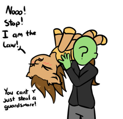 Size: 621x601 | Tagged: safe, artist:neuro, oc, oc:anon, earth pony, human, pony, adorable distress, blushing, carrying, cute, dialogue, duo, female, floppy ears, guardsmare, holding a pony, kidnapped, male, mare, royal guard, simple background, transparent background