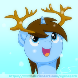 Size: 1080x1080 | Tagged: safe, artist:cyanspark, derpibooru exclusive, oc, oc only, oc:cyan spark, pony, unicorn, accessory, antlers, gradient background, happy, male, simple background, snow, snowfall