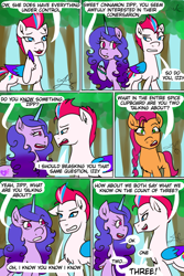 Size: 640x960 | Tagged: safe, artist:hitchpippetals, izzy moonbow, sunny starscout, zipp storm, earth pony, pegasus, pony, unicorn, comic:bridlewood library, g5, my little pony: a new generation, chest fluff, comic, gritted teeth, implied pitch, open mouth, speech bubble