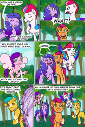 Size: 640x960 | Tagged: safe, artist:hitchpippetals, hitch trailblazer, izzy moonbow, pipp petals, sunny starscout, zipp storm, earth pony, pegasus, pony, unicorn, comic:bridlewood library, g5, my little pony: a new generation, comic, eyes closed, flying, implied hitchpipp, mane five (g5), mirror, misspelling, open mouth, speech bubble