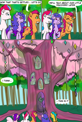 Size: 640x960 | Tagged: safe, artist:hitchpippetals, hitch trailblazer, izzy moonbow, pipp petals, sunny starscout, zipp storm, earth pony, pony, unicorn, comic:bridlewood library, g5, my little pony: a new generation, :3, chest fluff, comic, eyes closed, floppy ears, gritted teeth, mane five, one eye closed, open mouth, speech bubble, tree