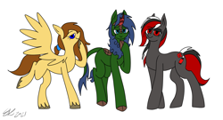 Size: 1953x1052 | Tagged: safe, artist:derpanater, oc, oc:scarlet spray, oc:soaring heart, oc:spring dew, earth pony, kirin, pegasus, pony, kirin oc