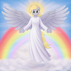 Size: 3500x3500 | Tagged: safe, alternate character, alternate version, artist:irisarco, derpy hooves, angel, pegasus, anthro, g4, angelic, clothes, cloud, day, derpy nohooves, dress, ear fluff, featured image, female, flying, halo, high res, looking at you, outdoors, rainbow, signature, sky, smiling, smiling at you, solo, spread wings, standing, watermark, wings