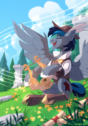 Size: 2500x3598 | Tagged: safe, artist:redchetgreen, oc, oc only, pegasus, pony, bard, clothes, eyes closed, fantasy, fantasy class, grass, harp, high res, male, music notes, musical instrument, open mouth, open smile, pegasus oc, scenery, sitting, smiling, solo, spread wings, wings