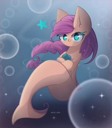 Size: 1850x2100 | Tagged: safe, artist:miryelis, sunny starscout, earth pony, seapony (g4), g5, my little pony: a new generation, blue eyes, bubble, crepuscular rays, dorsal fin, eyelashes, female, fish tail, flowing mane, flowing tail, ocean, purple mane, seaponified, seapony sunny starscout, signature, solo, sparkles, species swap, sunlight, swimming, tail, underwater, water