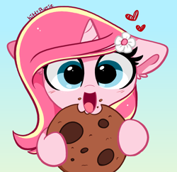 Size: 2948x2858 | Tagged: safe, artist:kittyrosie, oc, oc only, oc:rosa flame, pony, unicorn, cookie, cute, eating, female, food, gradient background, herbivore, high res, ocbetes, open mouth, redraw, solo