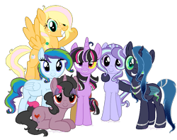 Size: 837x658 | Tagged: safe, artist:viking3ggs, oc, oc only, changepony, hybrid, pegasus, pony, unicorn, base used, eyelashes, female, group, horn, interspecies offspring, lidded eyes, lying down, magical lesbian spawn, mare, offspring, parent:applejack, parent:discord, parent:fluttershy, parent:king sombra, parent:pinkie pie, parent:princess luna, parent:queen chrysalis, parent:starlight glimmer, parent:trixie, parent:twilight sparkle, parents:appleshy, parents:chrysaluna, parents:discolight, parents:sombrapie, parents:startrix, pegasus oc, prone, side hug, simple background, smiling, story included, transparent background, unicorn oc, wings