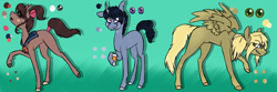 Size: 1800x600 | Tagged: safe, artist:viking3ggs, oc, oc only, earth pony, pegasus, pony, unicorn, abstract background, earth pony oc, female, horn, mare, pegasus oc, raised hoof, unicorn oc