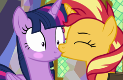 Size: 1357x891 | Tagged: safe, artist:queenderpyturtle, edit, edited screencap, screencap, sunset shimmer, twilight sparkle, alicorn, pony, unicorn, g4, blushing, cute, female, kissing, lesbian, nose kiss, shimmerbetes, ship:sunsetsparkle, shipping, twiabetes, twilight sparkle (alicorn)