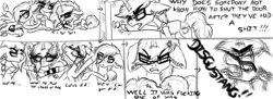 Size: 4000x1452 | Tagged: safe, artist:beamybutt, oc, oc only, oc:chaos, oc:moonbeam, pony, angry, clothes, comic, cross-popping veins, dialogue, disgusted, ear fluff, glasses, lineart
