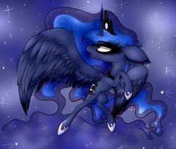 Size: 2701x2293 | Tagged: safe, alternate version, artist:beamybutt, princess luna, alicorn, pony, g4, colored, ear fluff, ethereal mane, eyelashes, female, high res, hoof shoes, horn, jewelry, rearing, solo, starry mane, stars, tiara, wings