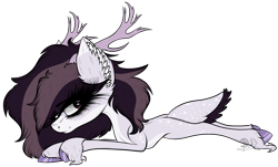 Size: 1842x1116 | Tagged: safe, artist:beamybutt, pony, antlers, ear fluff, eyelashes, lying down, prone, simple background, solo, transparent background, unshorn fetlocks