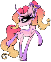 Size: 1864x2266 | Tagged: safe, artist:beamybutt, oc, oc only, pony, unicorn, bow, curved horn, ear fluff, female, hair bow, horn, looking back, mare, raised hoof, simple background, solo, transparent background, unicorn oc