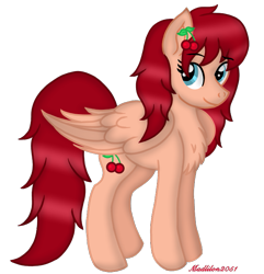 Size: 693x720 | Tagged: safe, artist:madlilon2051, oc, oc only, oc:cherry cheesecake, pegasus, pony, cherry, chest fluff, female, food, mare, pegasus oc, signature, simple background, smiling, solo, transparent background, wings