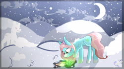 Size: 3264x1836 | Tagged: safe, artist:herusann, oc, oc only, earth pony, pony, crescent moon, earth pony oc, female, glowing, mare, moon, night, outdoors, smiling, snow, snowpony, solo, stars, transparent moon