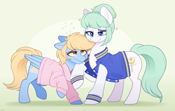 Size: 1200x765 | Tagged: safe, artist:higglytownhero, oc, oc only, oc:blue skies, oc:largesse, earth pony, pegasus, pony, clothes, drunk bubbles, duo, female, jacket, male, shirt, varsity jacket