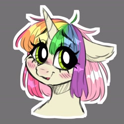 Size: 2039x2039 | Tagged: safe, artist:madkadd, oc, oc only, pony, unicorn, blushing, bust, eyelashes, female, gray background, high res, horn, mare, multicolored hair, rainbow hair, simple background, smiling, solo, unicorn oc