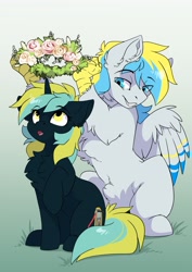 Size: 2481x3507 | Tagged: safe, artist:arctic-fox, oc, oc only, oc:cirrus sky, oc:electro current, hippogriff, pony, unicorn, chest fluff, cirrent, duo, ear fluff, female, floral head wreath, flower, high res, hippogriff oc, male, oc x oc, shipping, straight