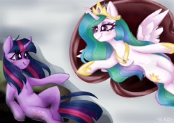 Size: 4096x2896 | Tagged: safe, artist:madkadd, princess celestia, twilight sparkle, alicorn, pony, unicorn, g4, duo, eyelashes, female, fine art parody, god, jewelry, mare, peytral, sitting, smiling, the creation of adam, tiara, unicorn twilight