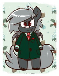 Size: 846x1095 | Tagged: safe, artist:tranzmuteproductions, oc, oc only, oc:tranzmute, bat pony, pony, bat pony oc, bat wings, chibi, clothes, coat, holly, male, necktie, smiling, smirk, solo, stallion, unshorn fetlocks, wings