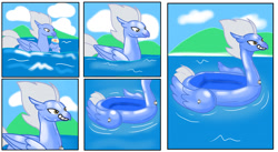 Size: 1280x700 | Tagged: safe, artist:samurmz39, sky beak, hippogriff, g4, air nozzle, bean mouth, forced smile, grin, inanimate tf, inflatable, pool toy, potion, smiling, story in the source, transformation, transformation sequence, valve, water