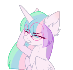 Size: 1312x1259 | Tagged: safe, artist:pokaparida, princess celestia, alicorn, pony, g4, alternate hairstyle, ear fluff, eye clipping through hair, eyebrows, eyebrows visible through hair, eyes closed, female, folded wings, glasses, gritted teeth, horn, mare, multicolored mane, simple background, solo, transparent background, wings