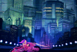 Size: 2000x1348 | Tagged: safe, artist:menalia, scootaloo, pegasus, pony, g4, aesthetics, akira, anime, badass, city, clothes, cyberpunk, decal, female, filly, gloves, jacket, motorcycle, neon, night, pants, scenery, science fiction, shoes, skyscraper, text, wings