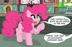 Size: 2243x1476 | Tagged: safe, artist:doodledonutart, pinkie pie, earth pony, pony, g4, chest fluff, comic, cute, female, fluffy, funny, manehattan, mare, offscreen character, poofy mane, solo