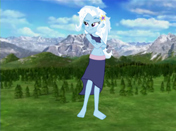Size: 3168x2363 | Tagged: safe, artist:agenthotman, trixie, equestria girls, g4, barefoot, barrette, clothes, crossed arms, dreamworks face, feet, female, forest background, giantess, high res, macro, messy hair, mountain, skirt, smiling, smirk, solo, this enormous woman will devour us all