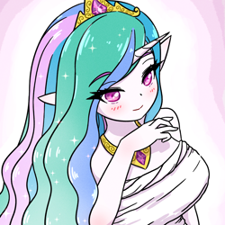 Size: 2508x2508 | Tagged: safe, artist:sigpi, princess celestia, anthro, g4, blushing, breasts, crown, elf ears, eye clipping through hair, eyebrows, eyebrows visible through hair, female, high res, horn, human facial structure, jewelry, regalia, smiling, solo