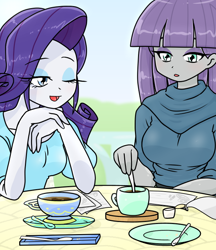 Size: 640x740 | Tagged: safe, artist:batipin, maud pie, rarity, equestria girls, g4, breasts, busty maud pie, busty rarity, cleavage, duo, duo female, female, food, one eye closed, spoon, tea