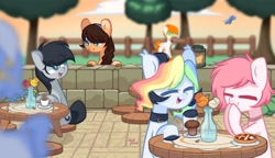 Size: 1210x698 | Tagged: safe, artist:softpound, oc, oc only, earth pony, pegasus, pony, collar, eyes closed, fence, flower, food, happy, lantern, muffin, pie, rose, smiling, table, tree