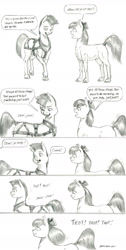Size: 900x1780 | Tagged: safe, artist:baron engel, apple bloom, oc, oc:stone mane (baron engel), earth pony, pony, g4, colt, female, filly, harness, male, monochrome, pencil drawing, story included, tack, traditional art