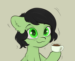 Size: 3048x2457 | Tagged: safe, artist:dumbwoofer, oc, oc only, oc:filly anon, pony, bags under eyes, coffee, ear fluff, female, filly, floppy ears, high res, red eyes, simple background, solo