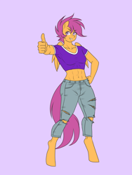 Size: 1200x1600 | Tagged: safe, artist:lurking tyger, scootaloo, pegasus, anthro, unguligrade anthro, g4, abs, clothes, female, hooves, jeans, pants, ripped jeans, ripped pants, shirt, simple background, solo, standing, thumbs up, torn clothes