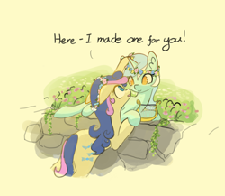 Size: 3000x2600 | Tagged: safe, artist:manicpanda, bon bon, lyra heartstrings, sweetie drops, earth pony, pony, unicorn, g4, dialogue, duo, duo female, female, floral head wreath, flower, flower in hair, high res, holding hooves, horn, lesbian, looking up, lying down, lyre, mare, meadow, musical instrument, no pupils, outdoors, prone, ship:lyrabon, shipping, simple background, stone, tan background, vine, wall