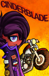 Size: 1280x1979 | Tagged: safe, artist:kranonetwork, oc, oc only, oc:cinderblade, pegasus, anthro, roan rpg, bicycle, biker, biker jacket, chicago, chicago flag, clothes, jacket, motorcycle, patch, poster, solo, sports, sports outfit