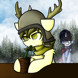 Size: 1280x1280 | Tagged: safe, artist:kranonetwork, oc, oc:banana javelin, oc:ink spill, deer, pony, unicorn, duo, female, male, shipping, sipping