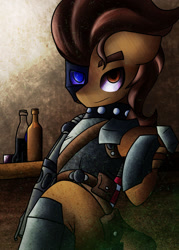 Size: 1280x1786 | Tagged: safe, artist:kranonetwork, oc, oc only, oc:hookhoof, cyborg, earth pony, semi-anthro, fallout equestria, alcohol, arm hooves, armor, balefire blues, beer, hearts of iron 4, male, raider, solo, sparkle cola