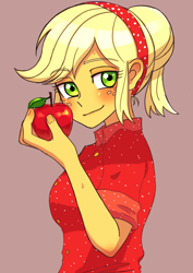 Size: 2894x4093 | Tagged: safe, artist:haibaratomoe, applejack, equestria girls, g4, apple, cute, eye clipping through hair, eyebrows, eyebrows visible through hair, female, food, freckles, high res, jackabetes, looking at you, obligatory apple, pink background, simple background, smiling, smiling at you, solo