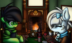 Size: 1280x768 | Tagged: safe, artist:kranonetwork, edit, oc, oc only, oc:aurora, oc:misty, earth pony, kelpie, pony, alcohol, empty picture frames, fireplace, food, room, tea, wine