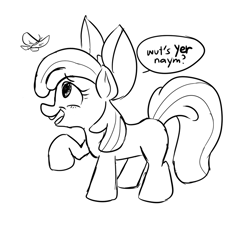 Size: 800x800 | Tagged: safe, artist:lucidlarceny, apple bloom, butterfly, earth pony, pony, g4, black and white, female, filly, foal, grayscale, monochrome