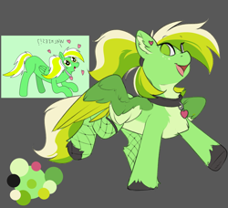 Size: 2303x2103 | Tagged: safe, artist:beardie, oc, oc only, oc:gumdrops, pegasus, pony, clothes, collar, colored ear fluff, colored hooves, colored wings, ear fluff, ear piercing, earring, eye clipping through hair, eyebrows, eyebrows visible through hair, female, fishnet stockings, freckles, gray background, green coat, green eyes, heart, heart collar, heart earring, high res, jewelry, looking at you, mare, multicolored wings, no pupils, open mouth, open smile, pale belly, pegasus oc, piercing, raised hoof, simple background, smiling, smiling at you, solo, solo chest fluff, spread wings, standing on two hooves, tail, two toned tail, unshorn fetlocks, wings