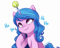 Size: 3501x2802 | Tagged: safe, artist:maren, izzy moonbow, pony, unicorn, g5, my little pony: a new generation, ball, eye clipping through hair, eyebrows, eyebrows visible through hair, female, high res, horn, horn impalement, hornball, izzy's tennis ball, laughing, looking up, mare, simple background, smiling, solo, tennis ball, white background