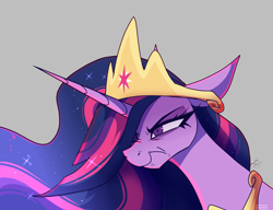 Size: 3000x2300 | Tagged: safe, artist:celes-969, twilight sparkle, alicorn, pony, the last problem, angry, bust, crown, ears back, ethereal mane, eyebrows, eyelashes, female, frown, gray background, high res, horn, jewelry, mare, older, older twilight, peeved, peytral, portrait, princess twilight 2.0, regalia, scrunchy face, simple background, solo, starry mane, twilight sparkle (alicorn), twilight sparkle is not amused, unamused