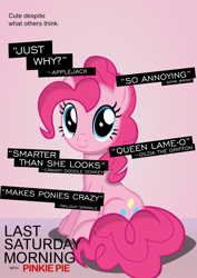 Size: 3307x4677 | Tagged: safe, artist:ace play, pinkie pie, earth pony, pony, g4, cute, diapinkes, female, high res, hilarious in hindsight, implied applejack, implied cranky doodle donkey, implied gilda, implied twilight sparkle, last saturday morning with pinkie pie, last week tonight, last week tonight with john oliver, looking at you, mare, one of these things is not like the others, parody, poster, sitting, solo, vector