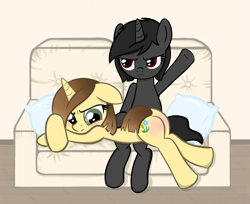 Size: 1255x1024 | Tagged: safe, artist:sundust, oc, oc only, oc:richard98, oc:sundust, pony, unicorn, angry, bed, blushing, butt, crossed arms, crossed hooves, duo, female, grumpy, horn, lying, lying down, lying on bed, male, mare, on bed, over the knee, pillow, plot, punishment, raised hoof, reddened butt, sitting, sofa bed, spanking, stallion, unicorn oc